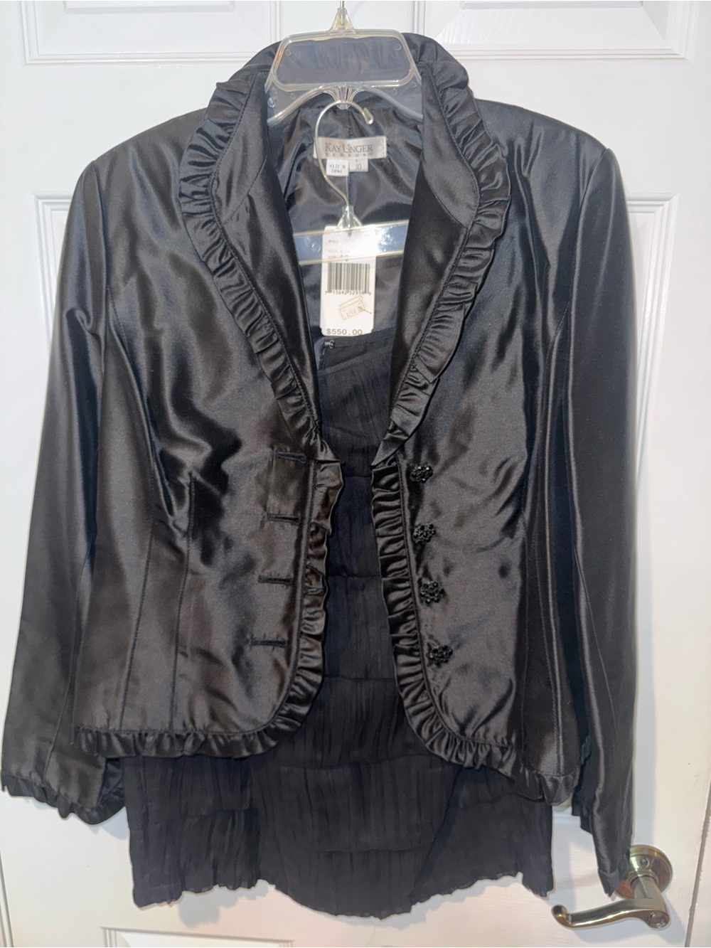 Kay Unger Black Satin Ruffle-Trim Blazer